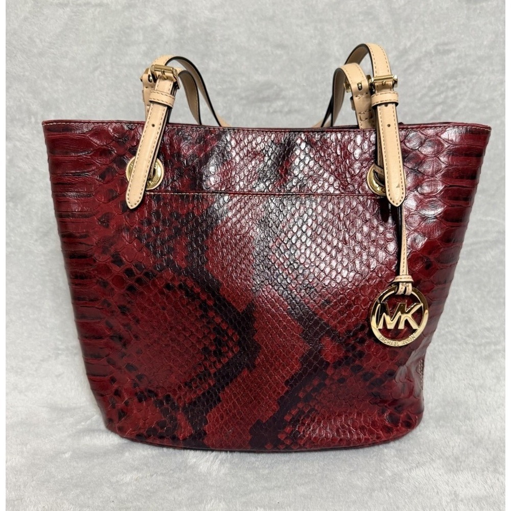 Michael Kors Jet Set Red Python Leather Tote Shoulder Bag Purse Snakeskin